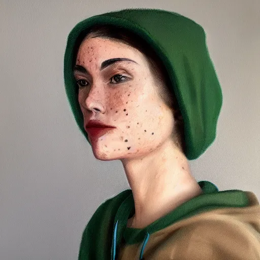 Prompt: woman with freckles, 1 8 0 pounds, short brown hair, green eyes, wearing a grey hooded sweatshirt, trending on artstation, oil painting, volumetric light