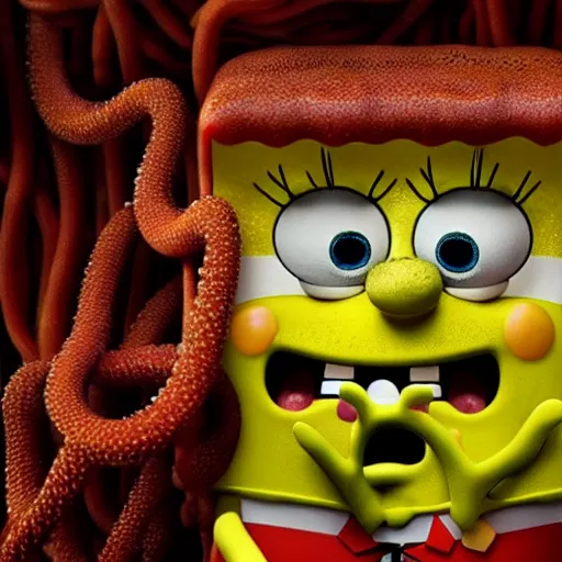 Image similar to demented creepy spongebob staring into your soul with realistic tentacles in the background, scary, rendered in blender, horror, gloomy, dark, terrifying, terror, frightful, super detailed octane render ran in blender optimized,