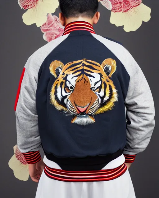 Image similar to photo back of a man wearing baseball jacket with a big japanese tiger and flowers embrodery, dark hangar background, centered, studio lighting, 1 5 0 mm