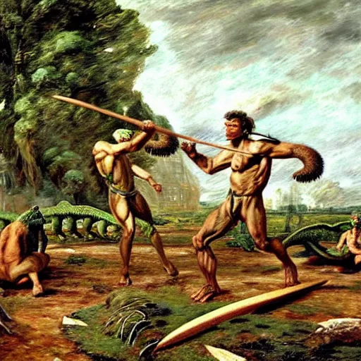 Image similar to A green scaly dinosaur!!! fighting with several realistic detailed cavemen with proportioned bodies armed with spears, the cavemen are wearing animal furs, coarse canvas, visible brushstrokes, intricate, extremely detailed painting by John Constable