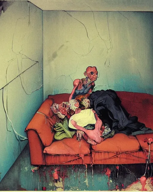 Image similar to old dead couple on couch in a decayed and ruined apartment room in the style of Francis Bacon and Syd Mead and Norman Rockwell and Beksinski, open ceiling, highly detailed, painted by Francis Bacon and Edward Hopper, painted by James Gilleard, surrealism, airbrush, very coherent, triadic color scheme, art by Takato Yamamoto and James Jean