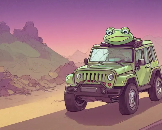 Image similar to a study of cell shaded cartoon frog driving a jeep on a desert road, street lamps, road, illustration, wide shot, subtle colors, post grunge, concept art by josan gonzales and wlop, by james jean, victo ngai, highly detailed, sharp focus, trending on artstation, hq, deviantart, art by artgem