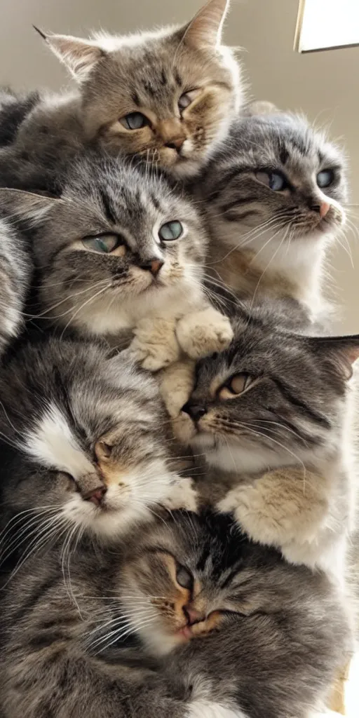 Image similar to a stack of cats curled up atop one another. a furry tower of cuddliness. cat cooperation.