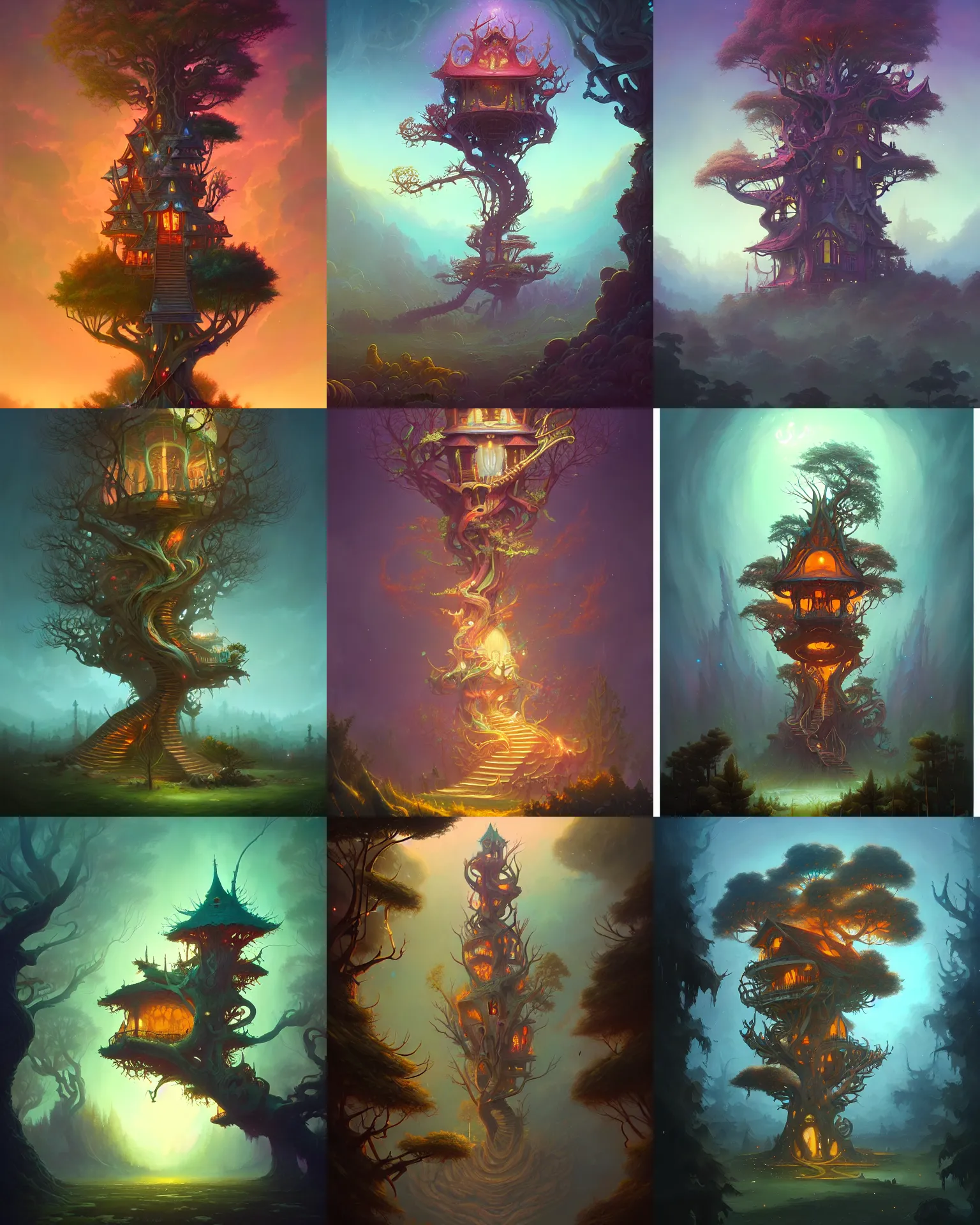 Prompt: twisted astral treehouse temple, gilding, peter mohrbacher, alena aenami, dan mumford, dark fantasy, radiant lighting, cinematic, artstation