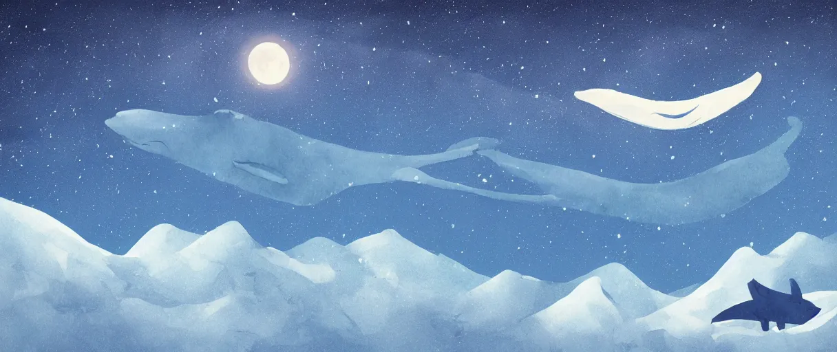 Image similar to blue whale flying in sky, above mountains, concept art, snow, starry sky, nighttime, full moon