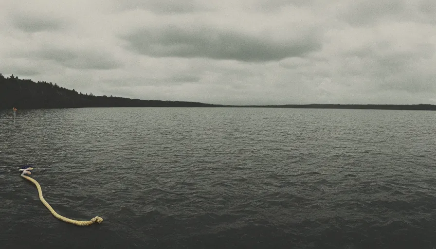 Image similar to photograph of a dark lake, cloudy day, rope floating on or near top of water, snaking towards the center of the lake, anamorphic lens, kodak color film stock