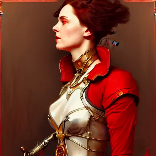 Image similar to a cinematic scene steampunk joan of arc wearing a red suite, intricate, elegant, highly detailed, digital painting, artstation, concept art, smooth, sharp focus, illustration, art by artgerm and greg rutkowski and alphonse mucha