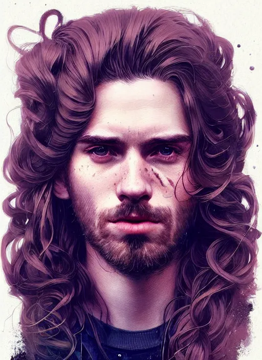 Image similar to highly detailed portrait of a beautiful man with long hair, tartan hoody, photographic realistic background, ringlet hair by atey ghailan, by greg rutkowski, by greg tocchini, by james gilleard, by joe fenton, by kaethe butcher, gradient violet, black, cream and white color scheme, trending in pinterest, award winning details