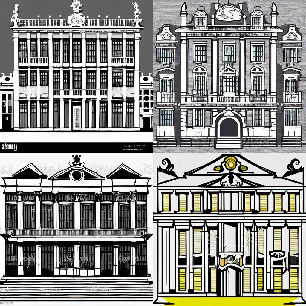 Prompt: illustration of a baroque house in Brussels, 4K, UHD, minimalist, vector art.