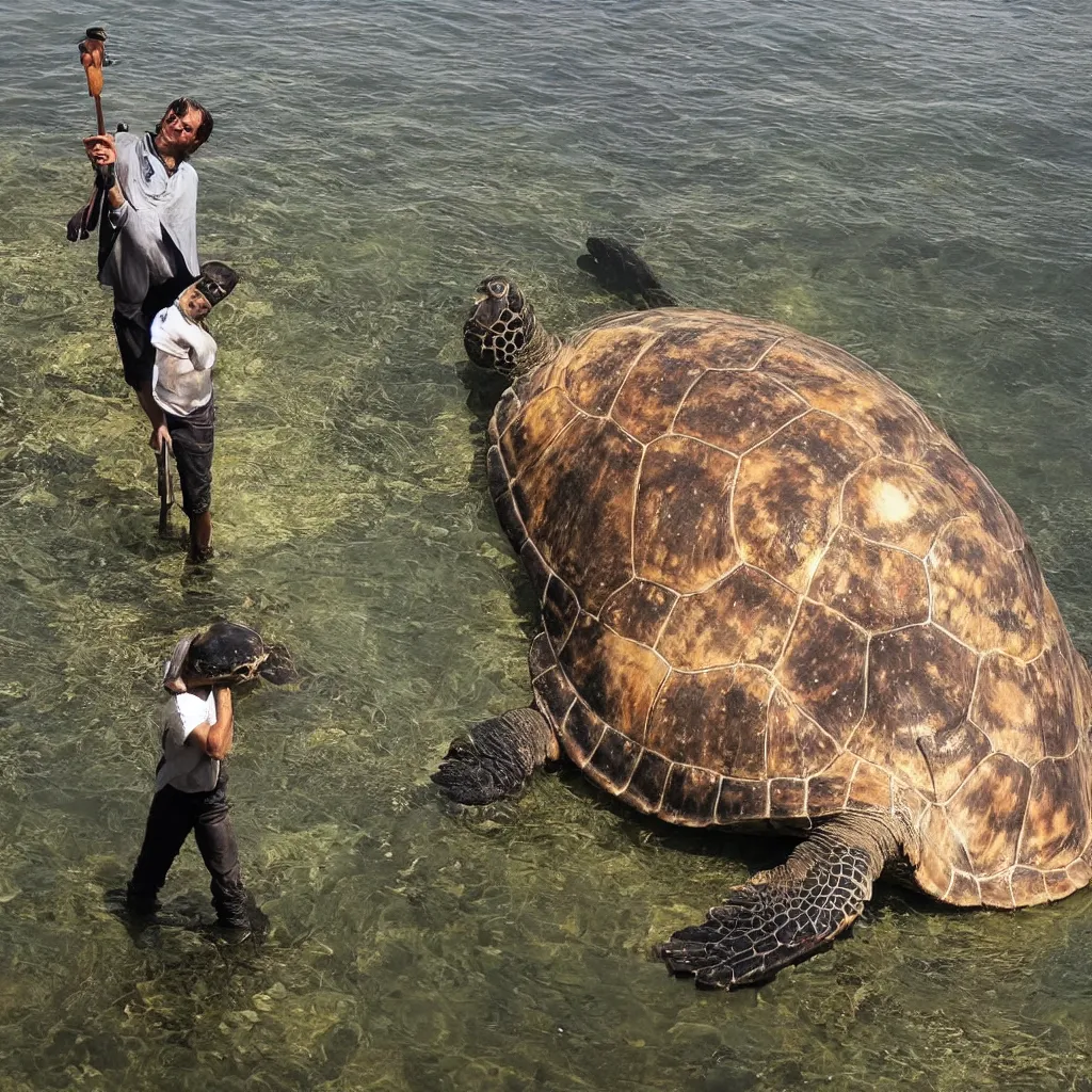 Prompt: award wining photograph of a man standing on a giant, enormous, very big turtle