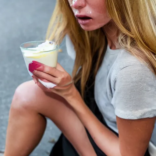 Image similar to close up photo of a fully clothed blonde model on her knees with yoghurt dripping from her face in an alley