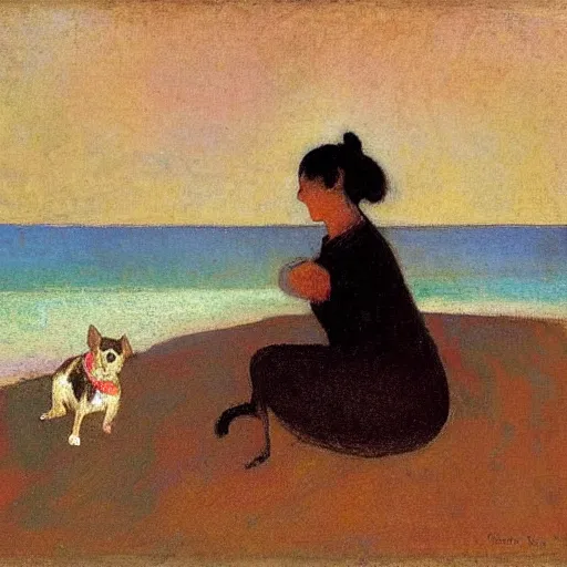 Prompt: a woman and her black and brown chihuahua at the sea by odilon redon