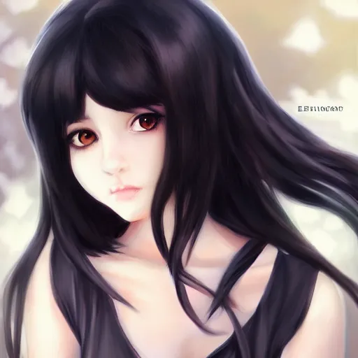 Image similar to beautiful girl, portrait, dark skinned, black hair, cute, digital painting, pixiv, popular illustrations, by enji _ works, masterpiece