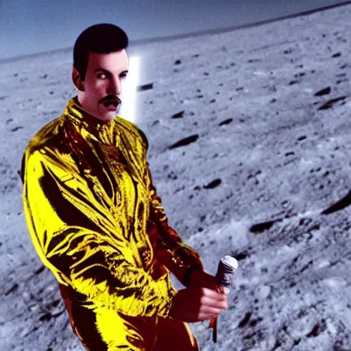 Prompt: color photography of Freddy mercury singing on the moon, iconic yellow jacket