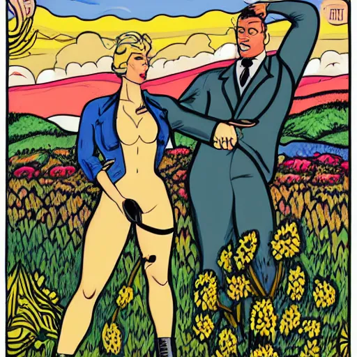 Prompt: a man with his hands on his hips, a woman in colorful meadow tom of finland style