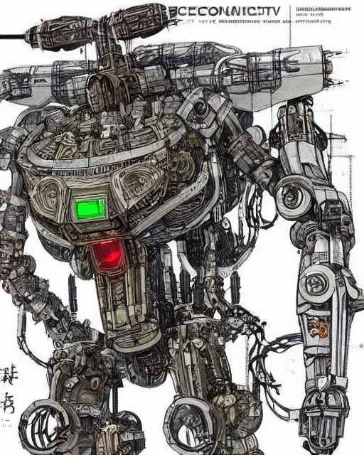 Prompt: beautiful schematic of an alien combat robot made of rocket engine parts by mamoru oshii, schematic, solarpunk, illustration, intricate, highly detailed, studio ghibli color scheme