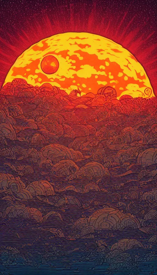 Image similar to harvest moon floating on cosmic maelstrom sunset sky, futurism, dan mumford, victo ngai, kilian eng, da vinci, josan gonzalez