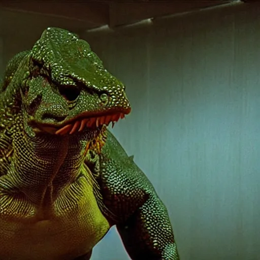 Prompt: movie scene of a draconian humanoid, reptil, reptilian, movie still, cinematic composition, cinematic light, criterion collection, reimagined by industrial light and magic, Movie by David Lynch and Ridley Scott