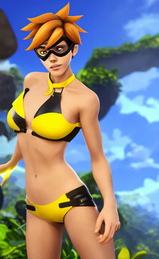 Image similar to tracer game character, in yellow bikini, blonde hair, black eyes, hands free, against the background of the jungle full height
