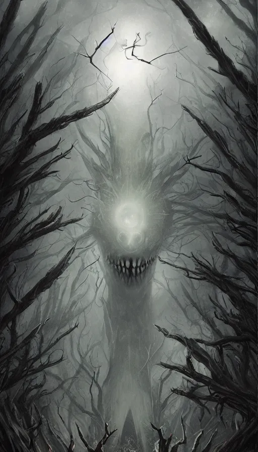 Image similar to a storm vortex made of many demonic eyes and teeth over a forest, by charlie bowater