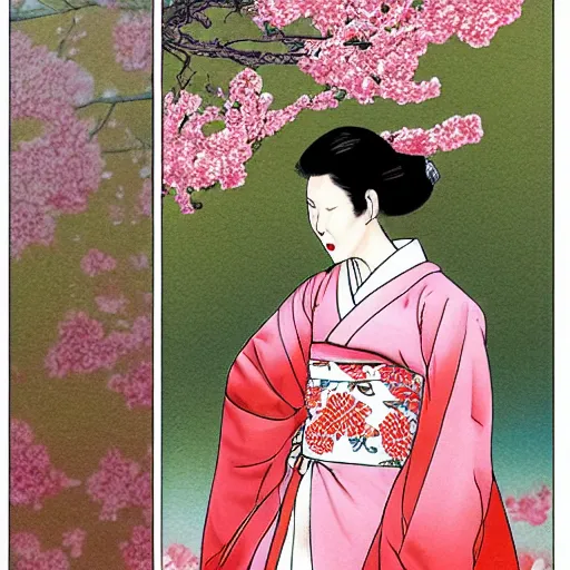 Image similar to A beautiful performance art of a young woman in a traditional kimono, with a background of sakura blossoms. comic book art, apricot by Arthur Boyd, by Glen Fabry