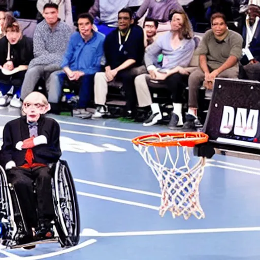 Image similar to photograph of stephen hawking in a wheelchair flying in the air dunking, highlights of the 2 0 1 9 nba slam dunking contest