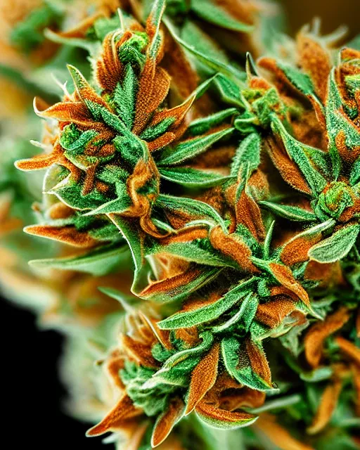 Image similar to beautiful marijuana flower with buds covered in stunning trichomes, extreme close - up highly - detailed macro photography, focus, centered, rim lighting, dslr in the style of erik christiansen