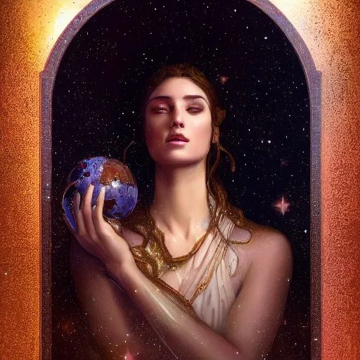 Prompt: epic portrait goddess of space, beauty, pretty face, glossy skin, dark, stars, glowing, digital painting, artstation, concept art, soft light, hdri, smooth, sharp focus, illustration, fantasy, intricate, elegant, highly detailed, D&D, matte painting, in the style of Greg Rutkowski and Alphonse Mucha and artemisia, 8k, highly detailed, jurgens, rutkowski, bouguereau, pastoral, rustic, georgic