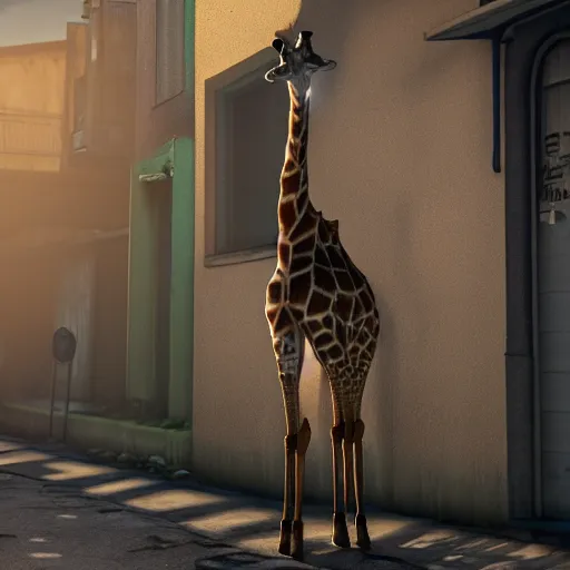 Prompt: a giraffe wearing street clothes, injecting itself with heroin in a back alley, evening light, 4k, unreal engine, artstation, incredible detail