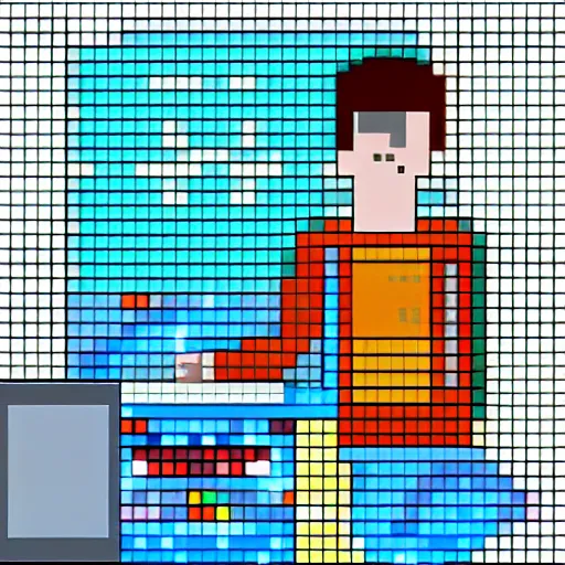 Prompt: pixel art of programmer in front of his computer station, pixel art, detailed, ideal symmetry, perfect pixel alignment, 8 k,