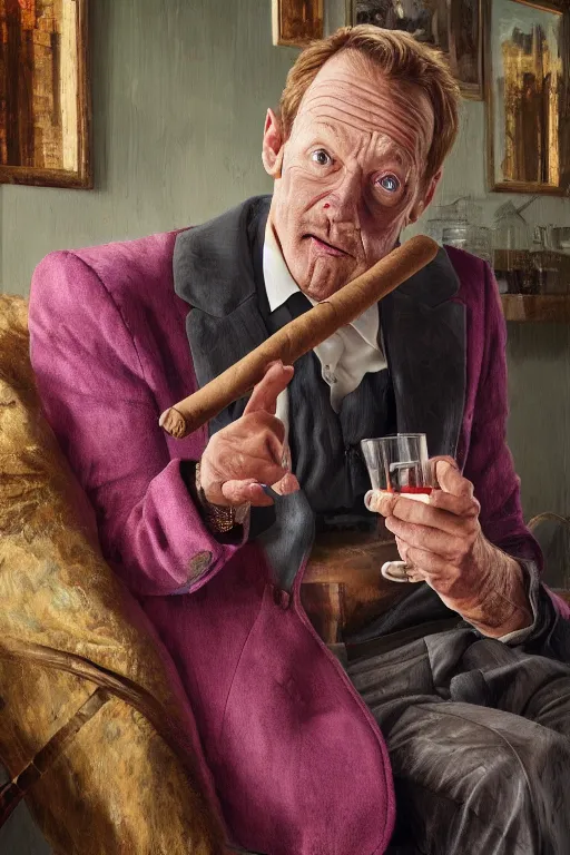 Image similar to still from kids tv show, retired barney, sitting in a lounge, sipping whiskey and smoking a cigar, oil on canvas, intricate, portrait, 8 k highly professionally detailed, hdr, cgsociety