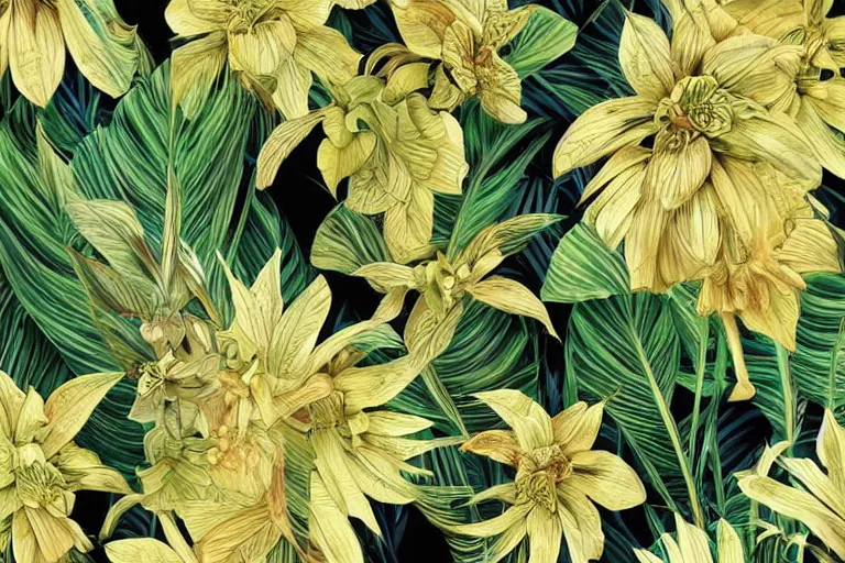 Image similar to photorealistic print of exotic, elegant tropical prints, isolated in a black background : : green surreal plants, golden flowers, art nouveau, trending on artstation