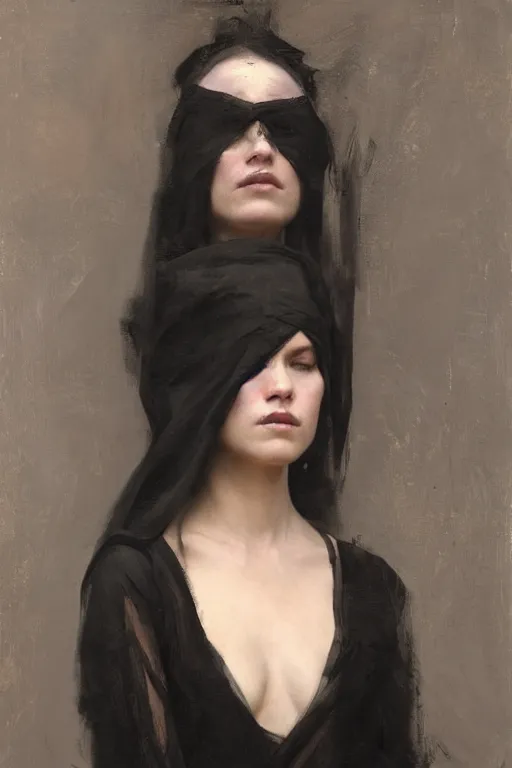 Image similar to Richard Schmid and Jeremy Lipking and Roberto Ferri full length portrait painting of a young beautiful evil fantasy priestess covered head to toe in black except for face