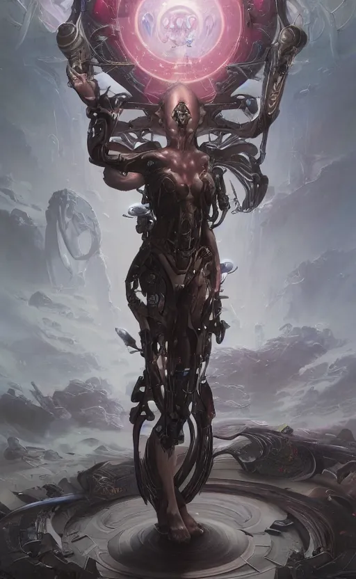 Image similar to Full lengh of a cyborg goddess by Wayne Barlowe and Peter Mohrbacher, detailed, sharp, digital art, trending on Artstation