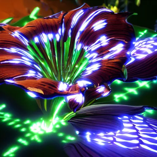 Image similar to a tiger lily flower made out of metal, shiny, reflective, glowing, unreal engine, high quality