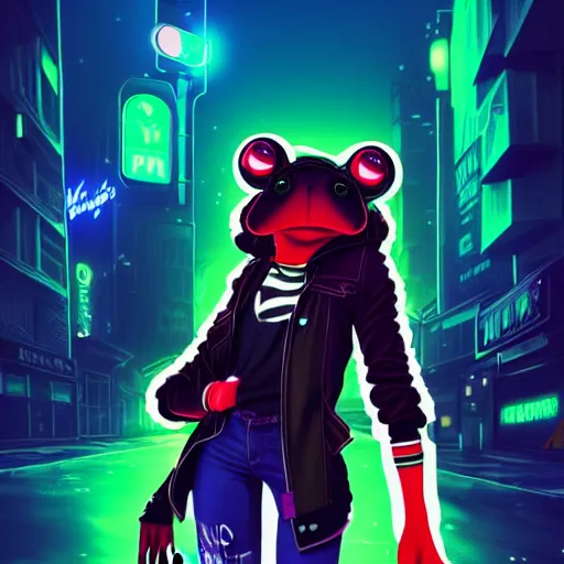 Image similar to beautiful furry digital art portrait commission of an androgynous anthro frog fursona wearing punk clothes in the streets of a cyberpunk city. neon signs. character design by charlie bowater, ross tran, artgerm, and makoto shinkai