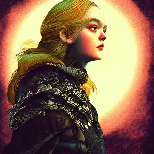 Prompt: Elle Fanning in the painted world of Dark Souls, head and shoulders masterpiece, apocalypse, golden hour, cosmic horror, artstation, in the style of Cubism, extremely detailed