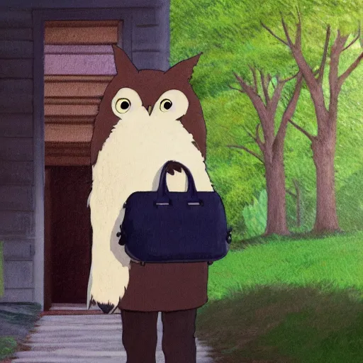 Image similar to still from studio ghibli movie My Neighbor Totoro, Hayao Miyazaki,barn owl in a black suit wearing an office bag going to the office, symetrical face,digital oil painting