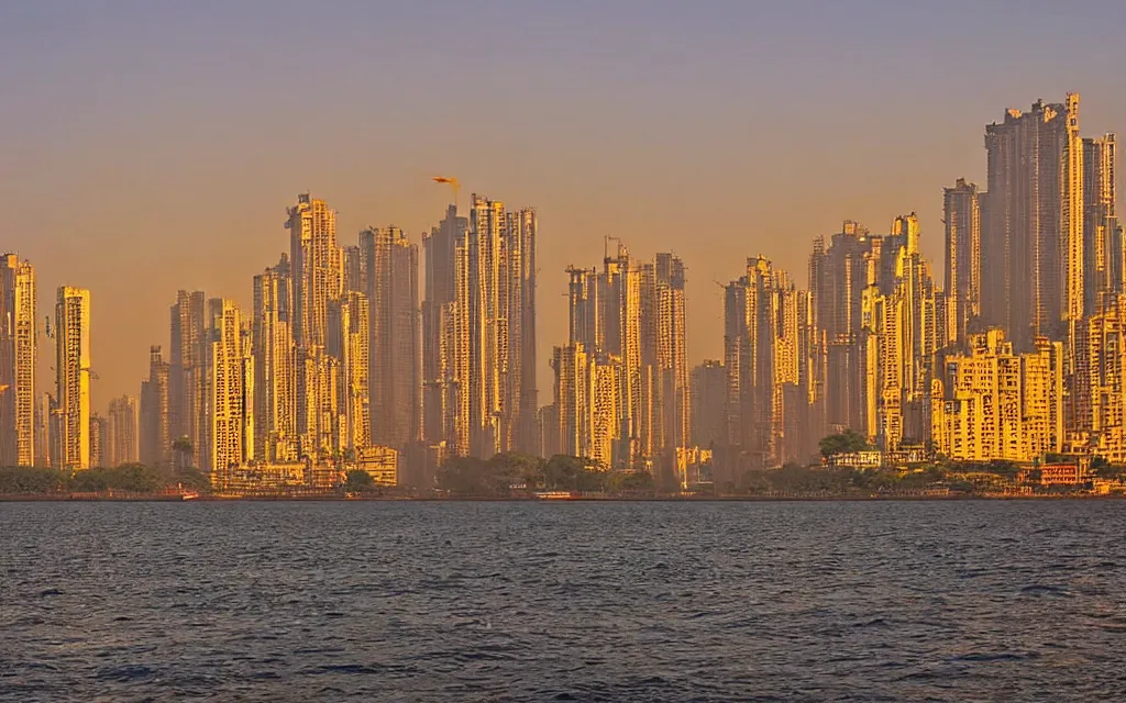 Image similar to mumbai, india in the year 2 0 7 0, street view, coastline, golden hour