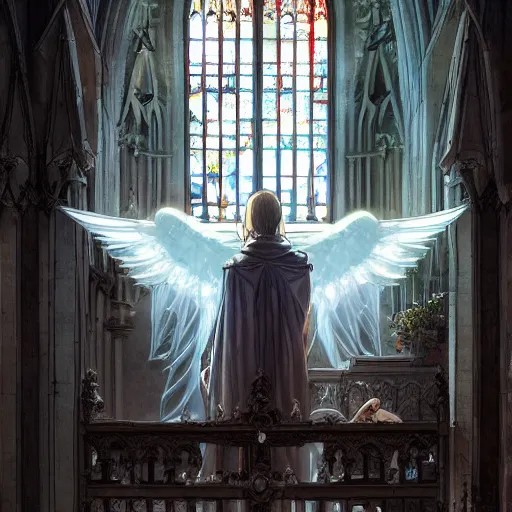 Image similar to angel protecting man who is praying inside a gothic church by Stanley Artgerm Lau, WLOP, Rossdraws, James Jean, Andrei Riabovitchev, Marc Simonetti, Yoshitaka Amano, ArtStation, CGSociety