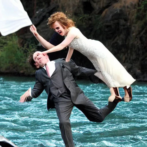 Image similar to a photograph of john c reilly throwing emma watson off of a bridge into a river