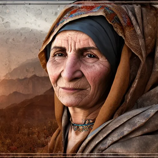 Image similar to hyperrealistic mixed media high resolution image of a beautiful Kurdish grandmother, stunning 3d render inspired art by István Sándorfi and Greg Rutkowski and Unreal Engine, perfect symmetry, dim volumetric lighting, 8k octane beautifully detailed render, post-processing, extremely hyper-detailed, intricate, epic composition, highly detailed attributes, highly detailed atmosphere, full body shot, cinematic lighting, masterpiece, trending on artstation, very very detailed, masterpiece, stunning, flawless structure, lifelike texture, perfection,