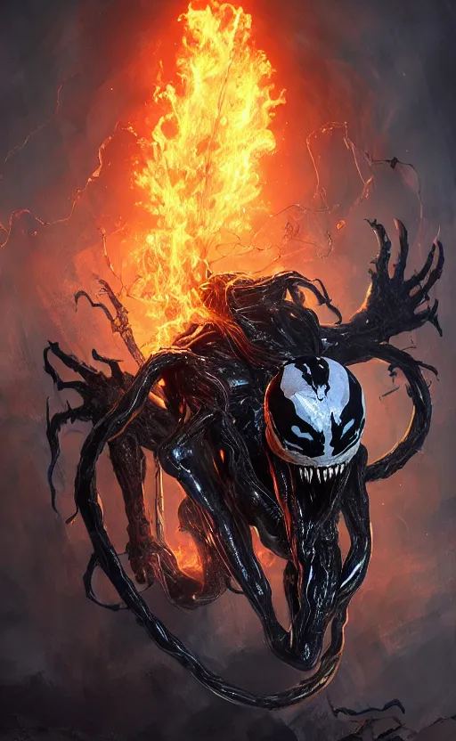 Image similar to venom as ghost rider, dynamic lighting, photorealistic fantasy concept art, trending on art station, stunning visuals, terrifying, creative, cinematic