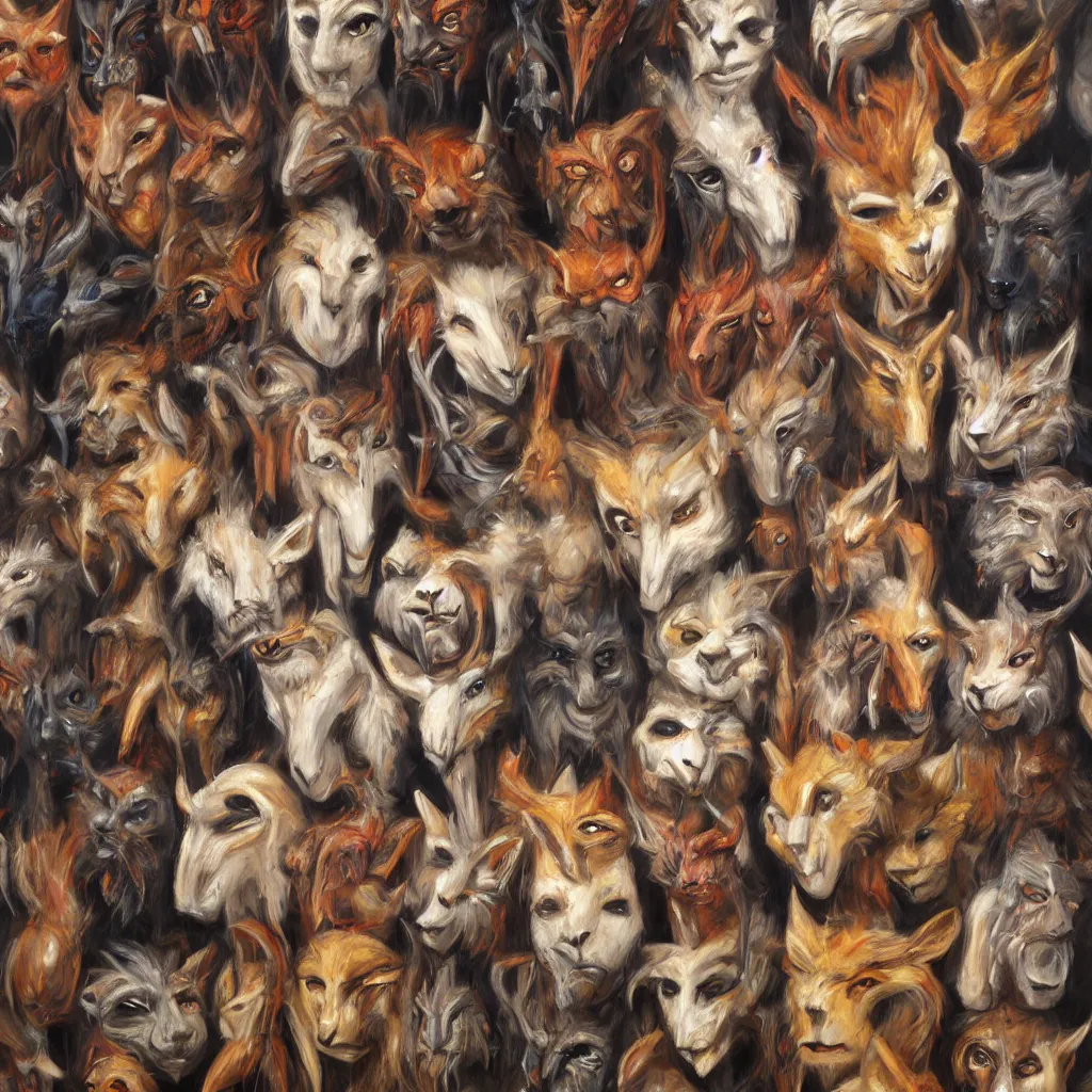 Prompt: a painting of a collection of animal masks hanging on a wall, by julie bell, detailed, concept art, trending on artstation, low light, dramatic