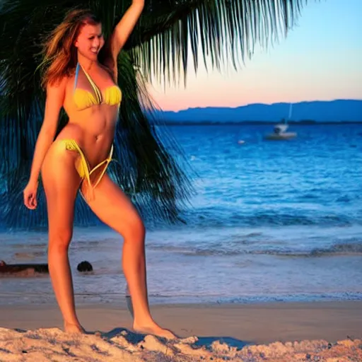 Prompt: a beautiful scenery of the sunset by the beach as a beautiful woman in a bikini,