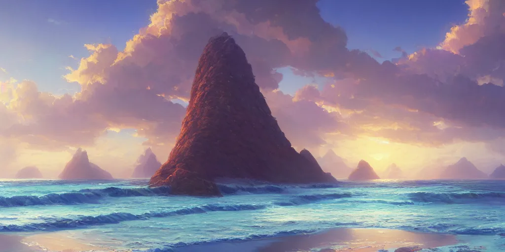 Prompt: a beach, highly detailed oil painting, Jessica Rossier, Bruce Pennington, Studio Ghibli, tim hildebrandt, digital art, octane render, beautiful composition, trending on artstation, masterpiece