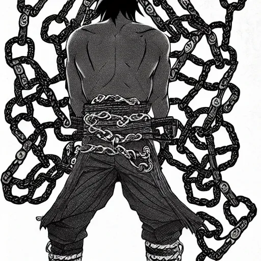 Image similar to A FULL BODY PORTRAIT FROM BEHIND OF MADARA UCHICHA ,THE MAN KEEPS A KUSARIGAMA AND IT IS WRAPPED IN CHAINS ,detailed, concept art, ink style , sketch