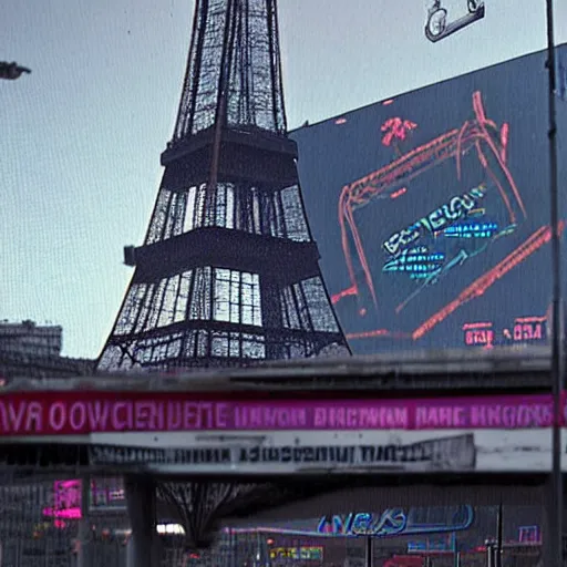 Image similar to A beautiful intricate 8K award-winning ground-level cinematic movie photograph of the future destroyed and decaying Eiffel Tower made of neon, surrounded by broken corporate video billboard displays. in the year 2050, by Bruno Delbonnel and greg rutkowski. Arri Alexa 65, IMAX 70mm footage. Dirty billboards. Cinematic lighting