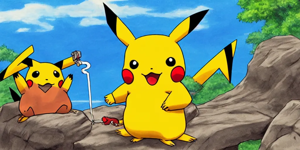 Prompt: pikachu smoking a fat blunt with ash ( male character ) with red eyes sitting on a rock next to a river, bright blue sky colorful detailed drawing