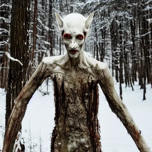 Image similar to blood soaked skinwalker, lanky, skinny, pale skin, snow, forest, dark, horrifying